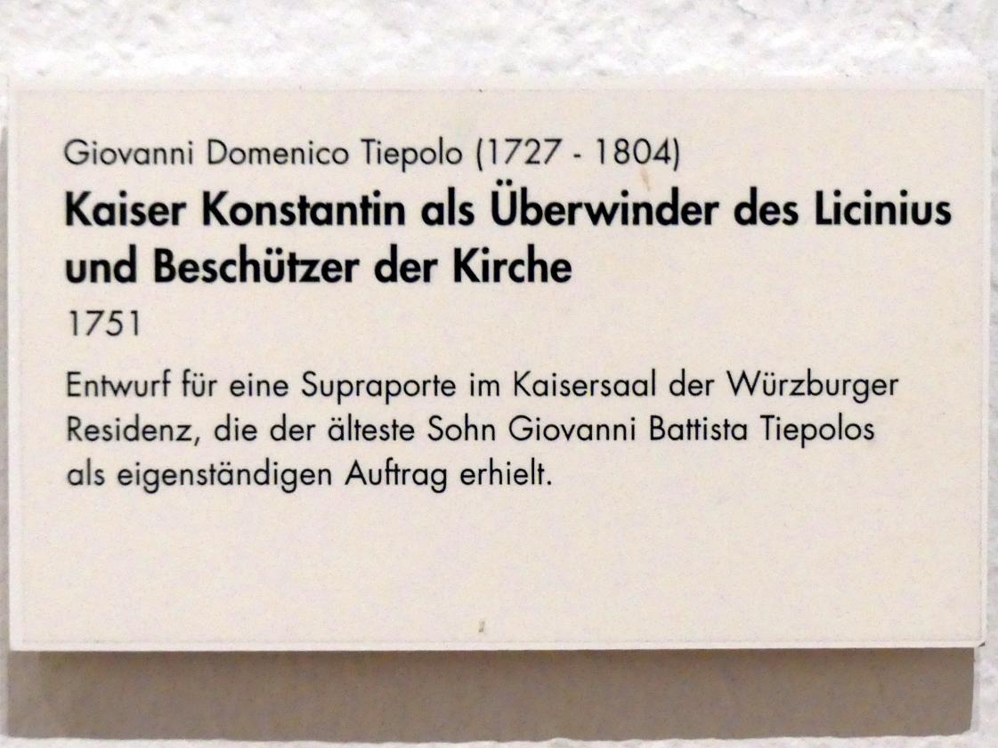 Giovanni Domenico Tiepolo (1743–1785), Kaiser Konstantin als Überwinder des Licinius und Beschützer der Kirche, Würzburg, ehem. fürstbischöfliche Residenz, jetzt Würzburg, Museum für Franken (ehem. Mainfränkisches Museum), Gemäldegalerie, 1751, Bild 2/2