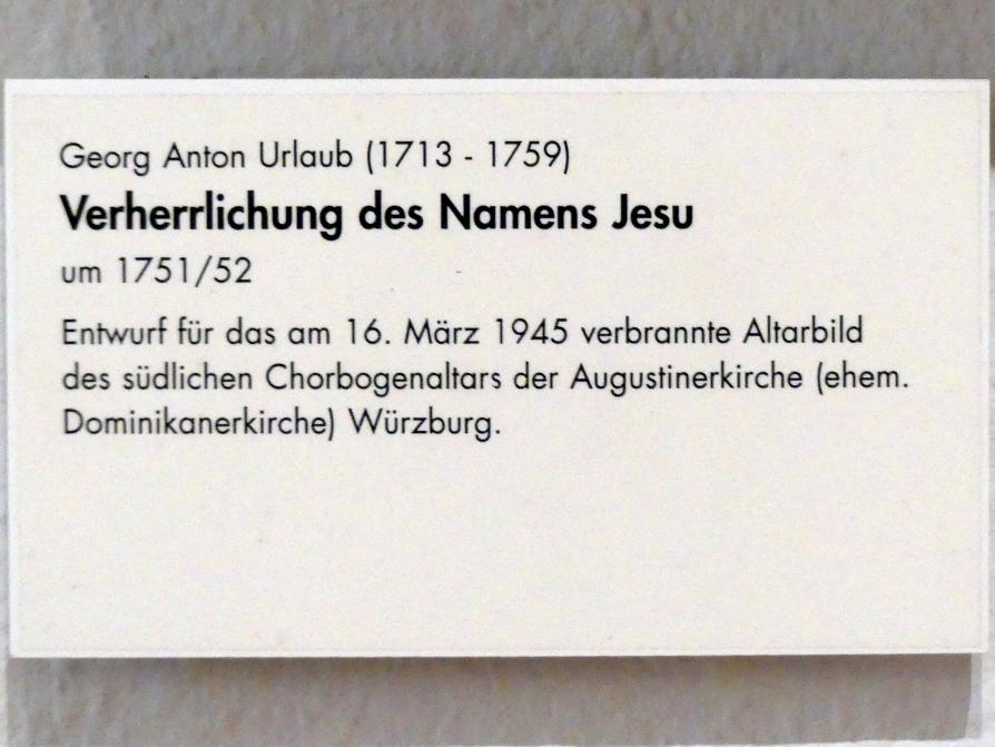 Georg Anton Urlaub (1735–1758), Verherrlichung des Namens Jesu, Würzburg, ehem. Dominikanerkloster, heute Augustinerkloster, jetzt Würzburg, Museum für Franken (ehem. Mainfränkisches Museum), Gemäldegalerie, um 1751–1752, Bild 2/2