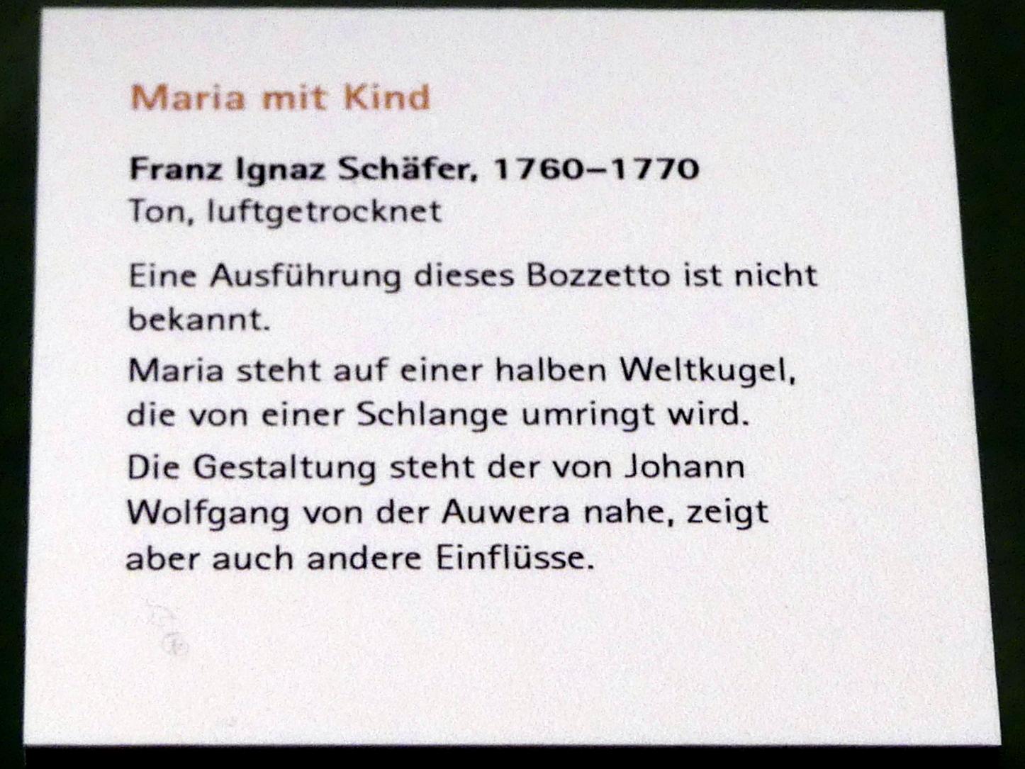 Franz Ignaz Schäfer (1765), Maria mit Kind, Würzburg, Alte Mainbrücke, jetzt Würzburg, Museum für Franken (ehem. Mainfränkisches Museum), Bozzetti-Sammlung, 1760–1770, Bild 2/2