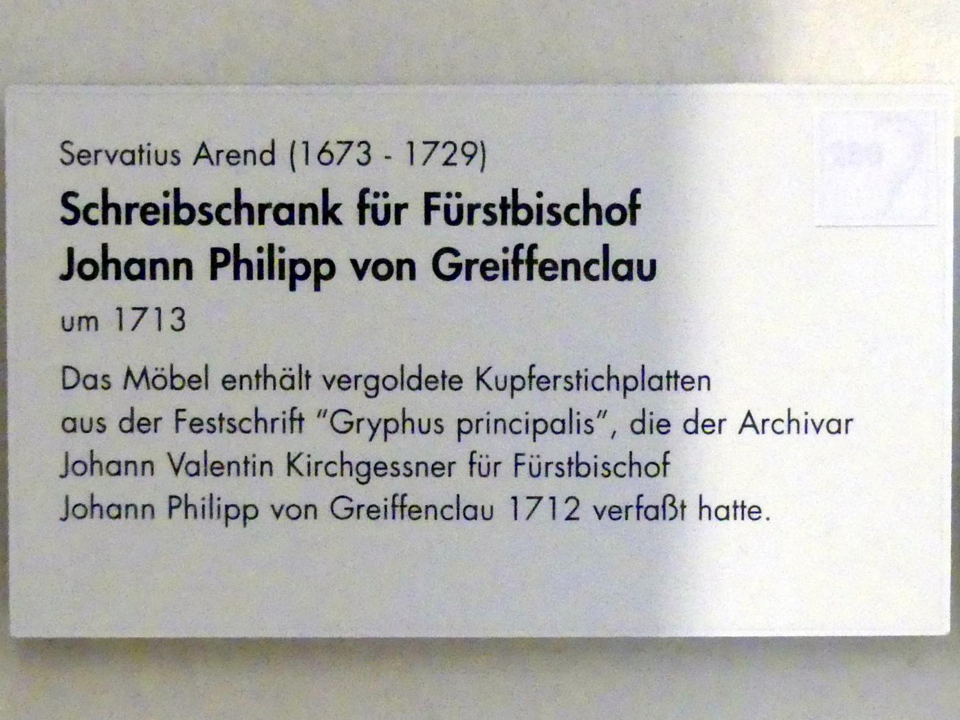 Servatius Arend (1713), Schreibschrank für Fürstbischof Johann Philipp von Greiffenclau, Würzburg, Museum für Franken (ehem. Mainfränkisches Museum), Barock-Saal, um 1713, Bild 2/2