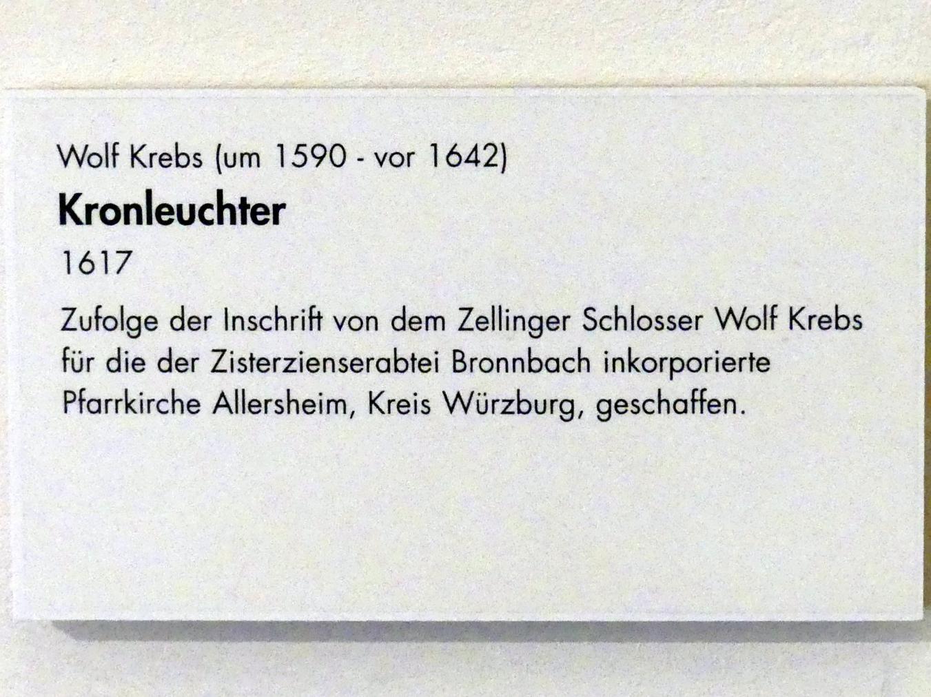 Wolf Krebs (1617), Kronleuchter, Allersheim, Pfarrkirche Sankt Georg und Sankt Walburga, jetzt Würzburg, Museum für Franken (ehem. Mainfränkisches Museum), Barock-Saal, 1617, Bild 2/2