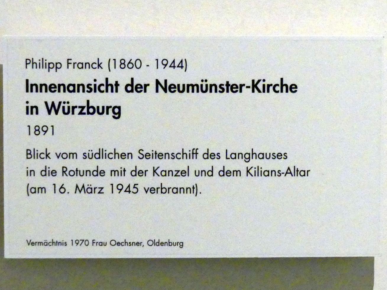Philipp Franck (1891), Innenansicht der Neumünster-Kirche in Würzburg, Würzburg, Museum für Franken (ehem. Mainfränkisches Museum), Barock-Saal, 1891, Bild 2/2