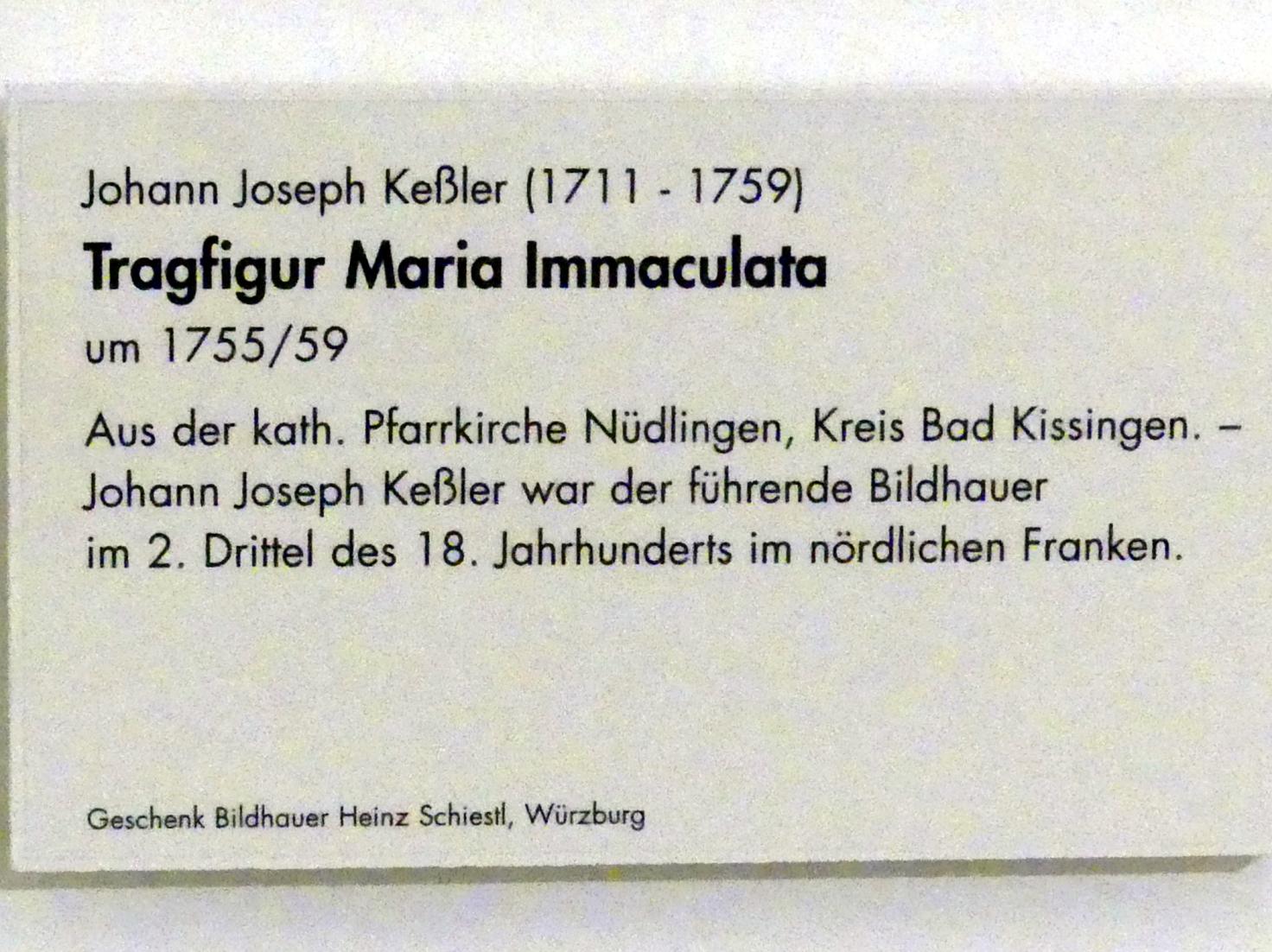 Johann Joseph Kessler (1747–1757), Tragfigur Maria Immaculata, Nüdlingen, Pfarrkirche St. Kilian, jetzt Würzburg, Museum für Franken (ehem. Mainfränkisches Museum), Barock-Saal, um 1755–1759, Bild 3/3