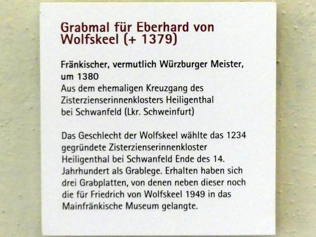 Grabmal für Eberhard von Wolfskeel (gest. 1379), Heiligenthal (Schwanfeld), ehem. Zisterzienserinnenkloster, jetzt Würzburg, Museum für Franken (ehem. Mainfränkisches Museum), Ritter-Saal, um 1380, Bild 2/2
