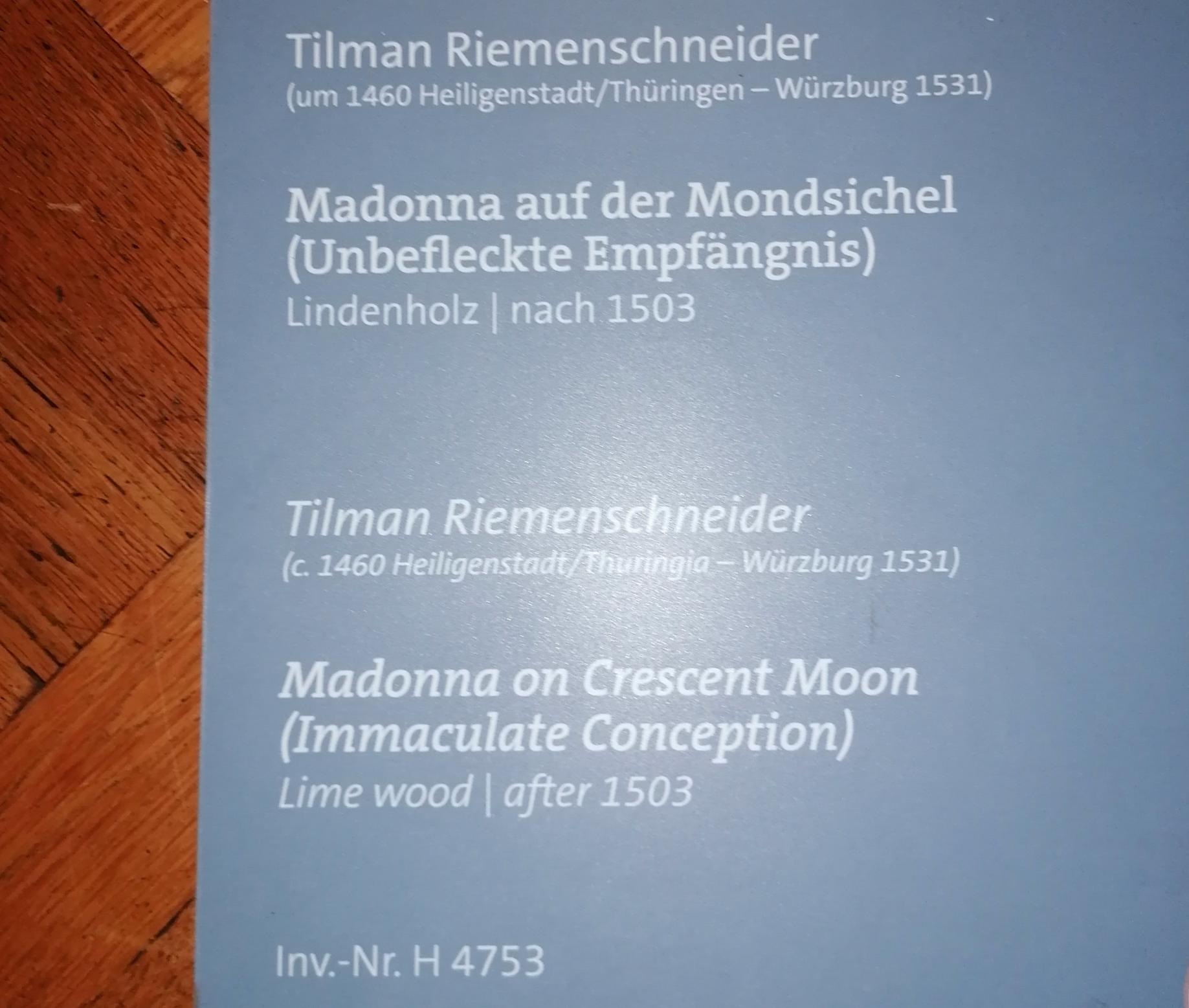 Tilman Riemenschneider (1487–1523), Madonna auf der Mondsichel (Unbefleckte Empfängnis), Würzburg, Martin von Wagner-Museum, Saal 1, nach 1503, Bild 4/4