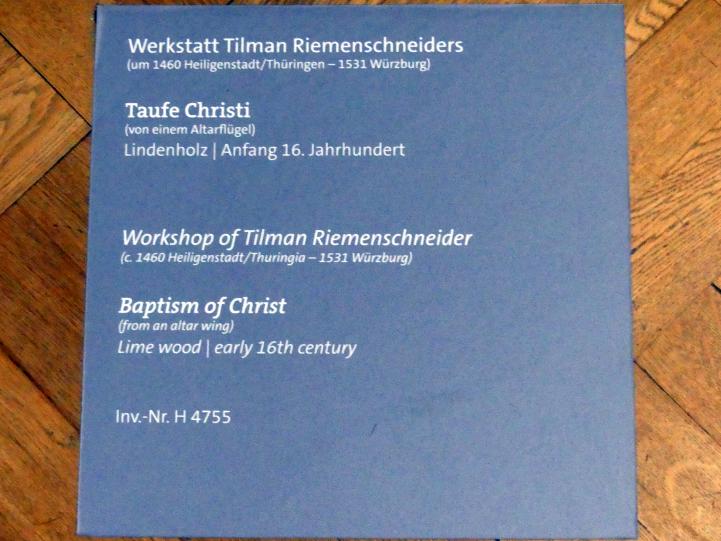 Tilman Riemenschneider (Werkstatt) (1487–1520), Taufe Christi, Würzburg, Martin von Wagner-Museum, Saal 1, Beginn 16. Jhd., Bild 2/2