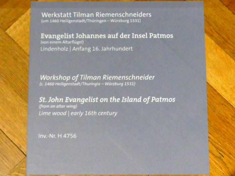 Tilman Riemenschneider (Werkstatt) (1487–1520), Evangelist Johannes auf der Insel Patmos, Würzburg, Martin von Wagner-Museum, Saal 1, Beginn 16. Jhd., Bild 2/2