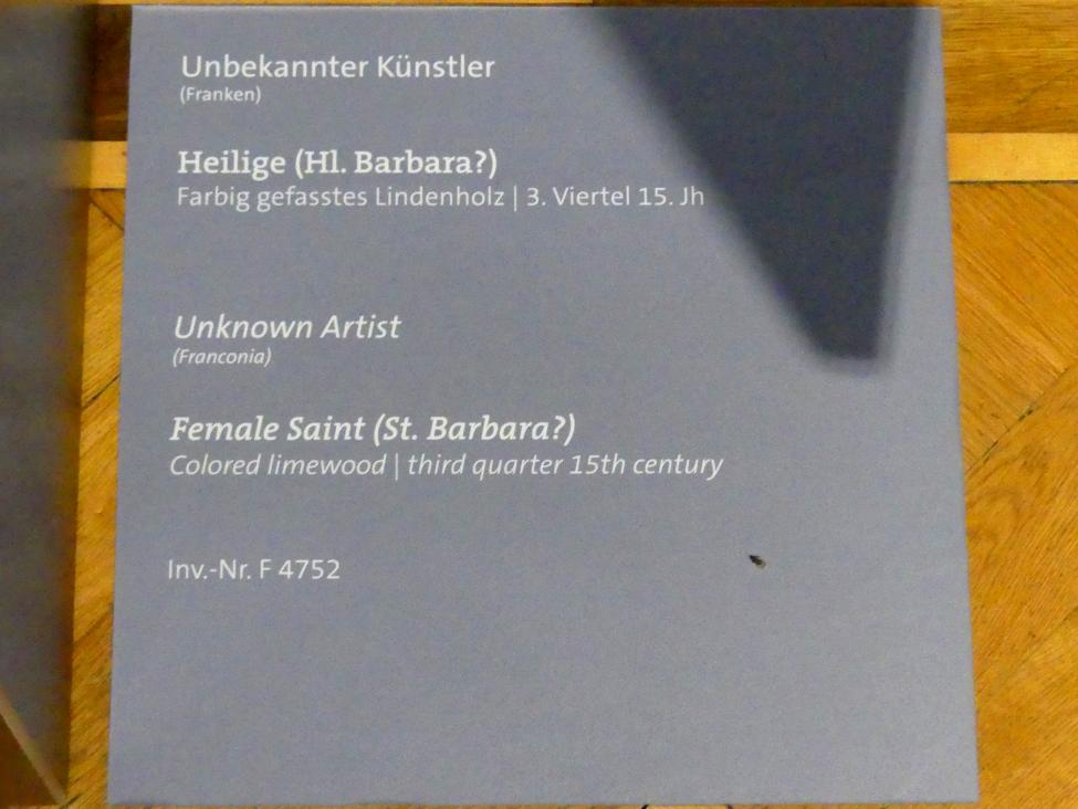 Heilige (Hl. Barbara?), Würzburg, Martin von Wagner-Museum, Saal 1, 3. Viertel 15. Jhd., Bild 3/3