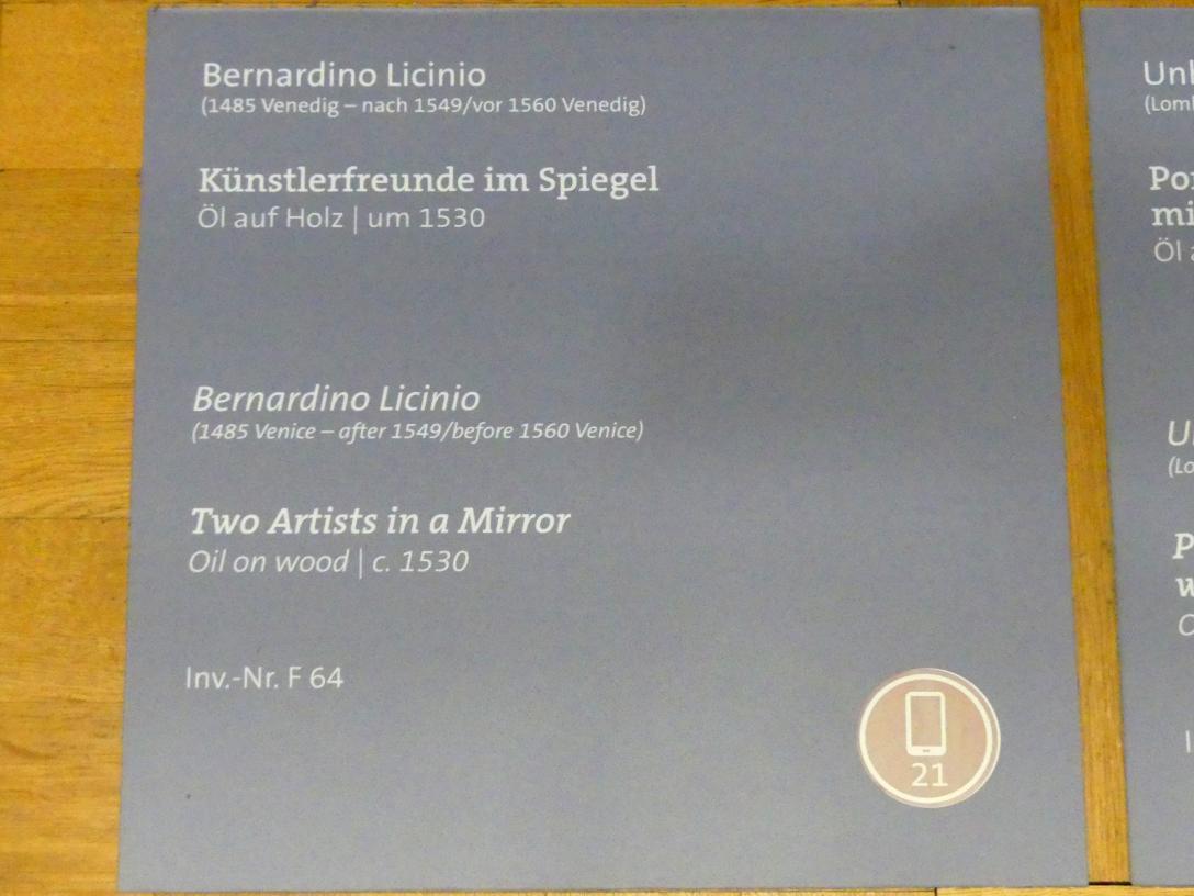 Bernardino Licinio (1530–1541), Künstlerfreunde im Spiegel, Würzburg, Martin von Wagner-Museum, Saal 2, um 1530, Bild 2/2