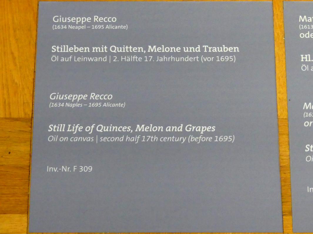 Giuseppe Recco (1677–1695), Stillleben mit Quitten, Melone und Trauben, Würzburg, Martin von Wagner-Museum, Saal 2, 2. Hälfte 17. Jhd., Bild 2/2