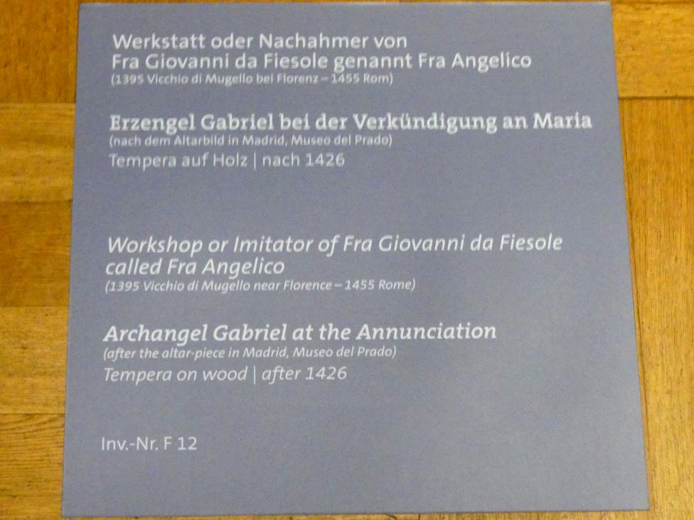 Fra Angelico (Werkstatt) (1427–1450), Erzengel Gabriel bei der Verkündigung an Maria, Würzburg, Martin von Wagner-Museum, Saal 2, nach 1426, Bild 2/2