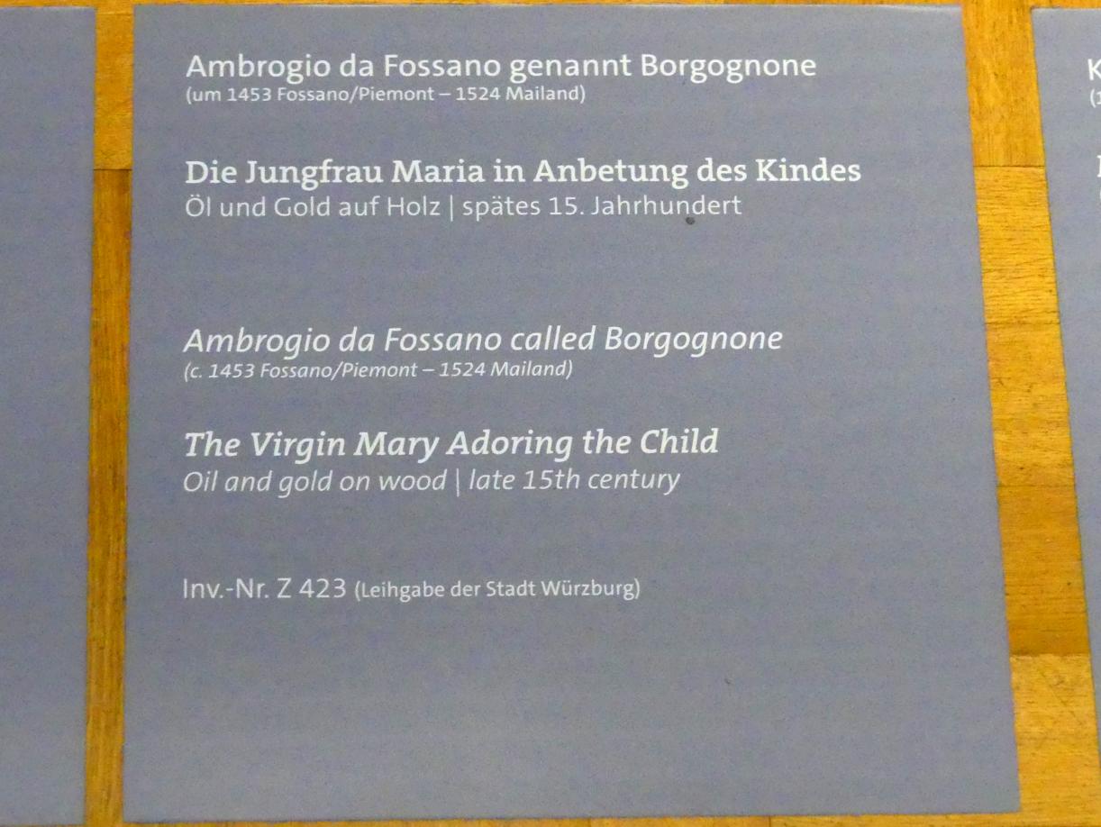 Ambrogio da Fossano (Bergognone) (1490–1516), Die Jungfrau Maria in Anbetung des Kindes, Würzburg, Martin von Wagner-Museum, Saal 2, Ende 15. Jhd., Bild 2/2