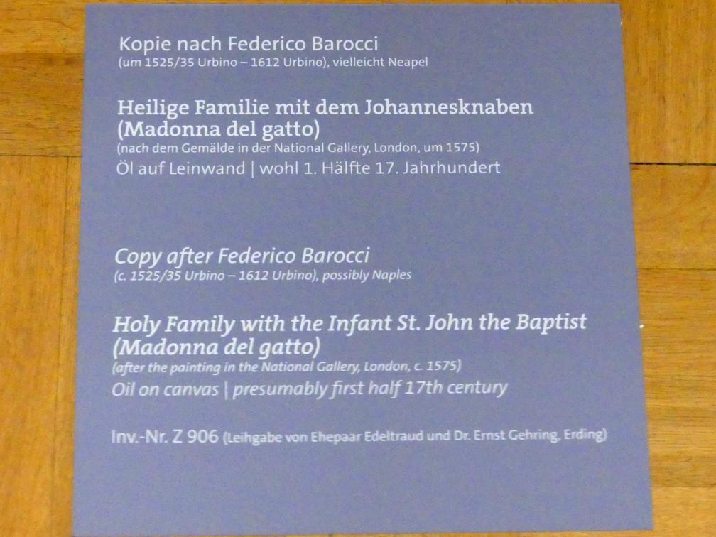 Heilige Familie mit dem Johannesknaben (Madonna del gatto), Würzburg, Martin von Wagner-Museum, Saal 2, 1. Hälfte 17. Jhd., Bild 2/2