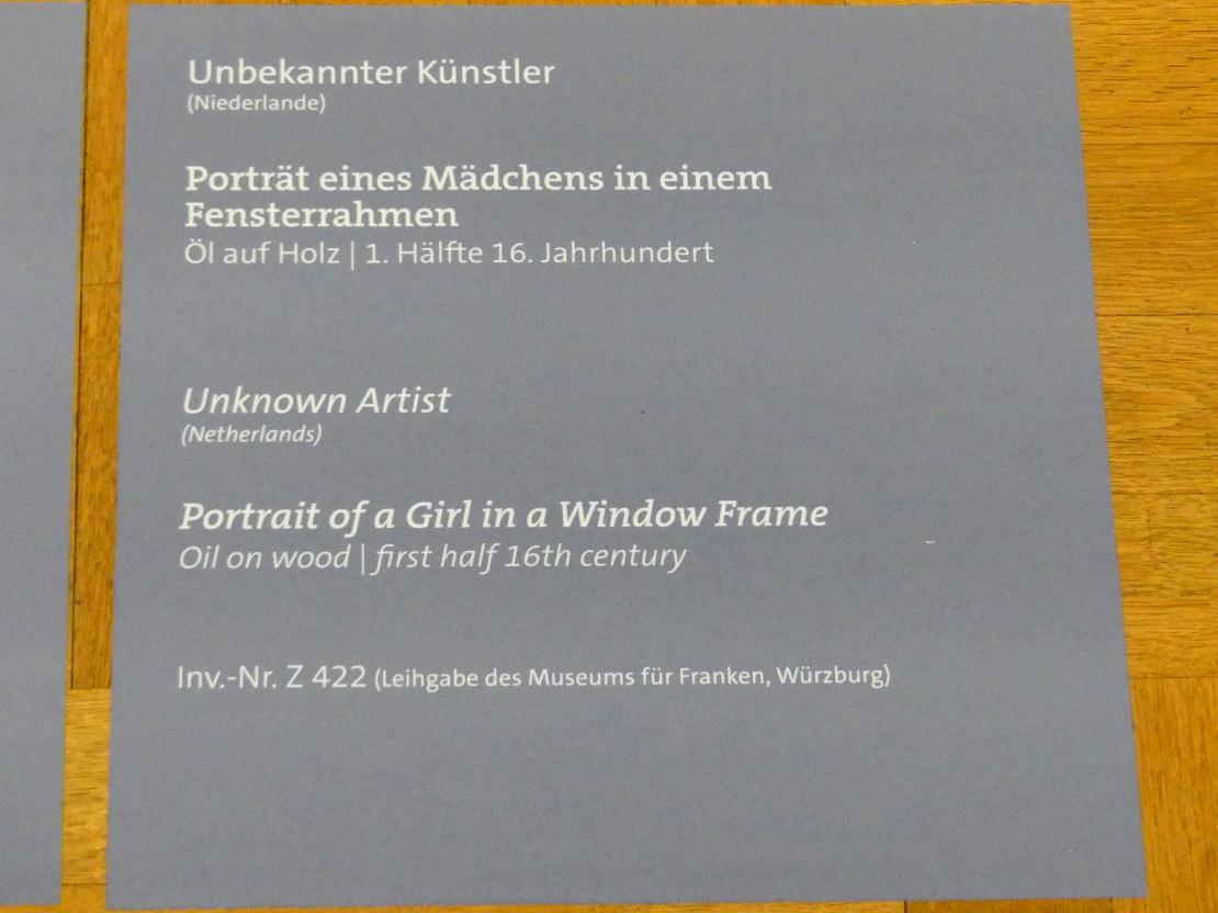 Porträt eines Mädchens in einem Fensterrahmen, Würzburg, Martin von Wagner-Museum, Saal 3, 1. Hälfte 16. Jhd., Bild 2/2
