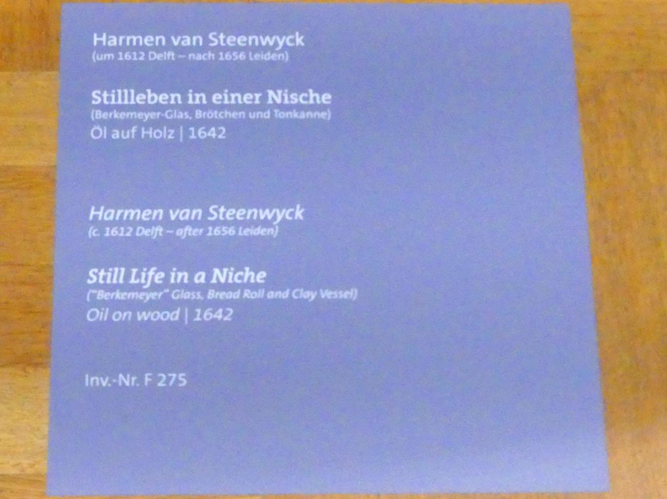 Harmen Steenwijck (1642), Stillleben in einer Nische, Würzburg, Martin von Wagner-Museum, Saal 4, 1642, Bild 2/2