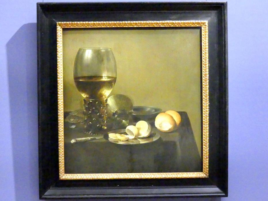 Pieter Claesz (1624–1660): Stillleben mit Römer, Berkemeyer-Glas, Auster, Zitrone und Brötchen, 1640