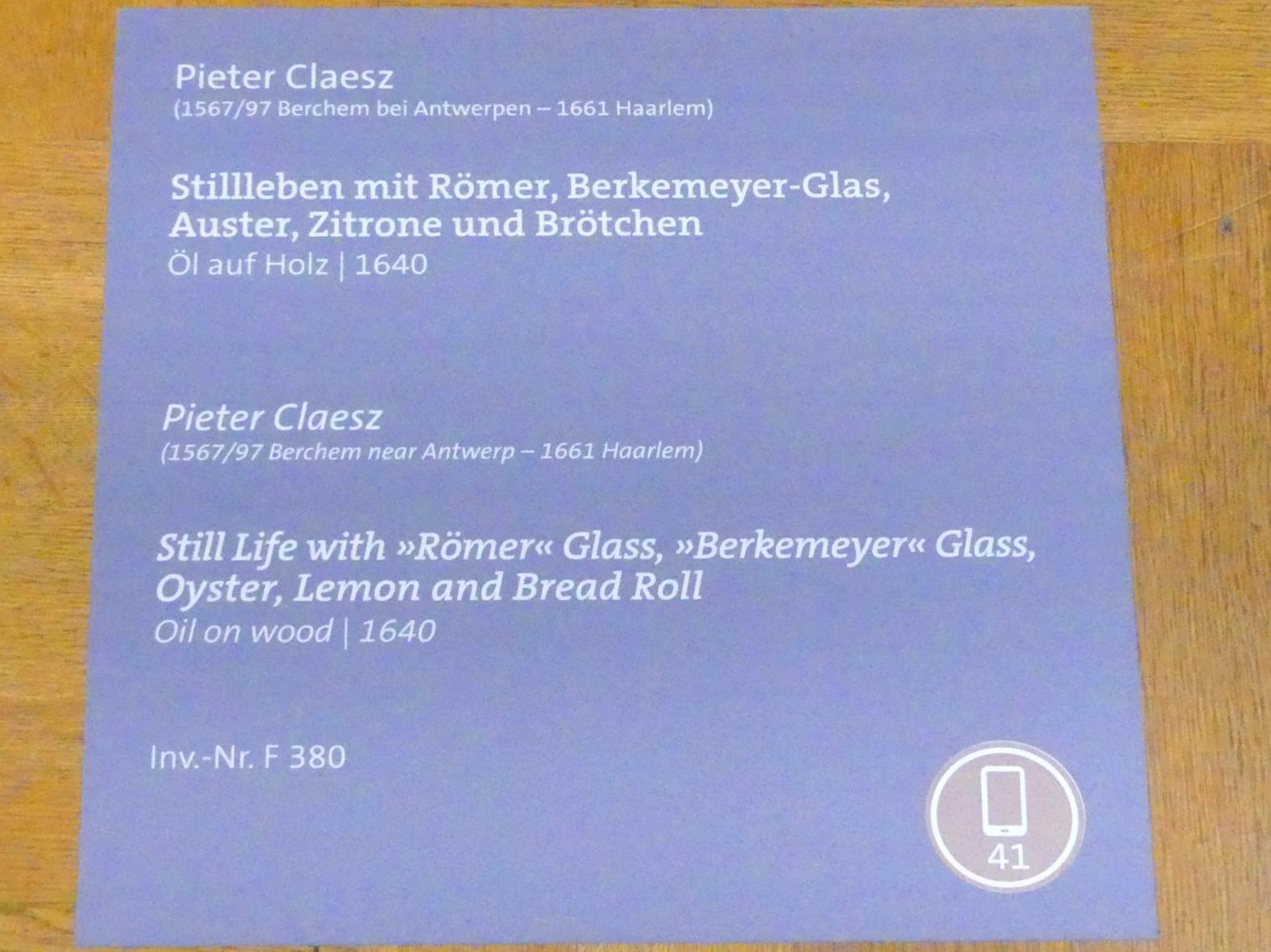 Pieter Claesz (1623–1660), Stillleben mit Römer, Berkemeyer-Glas, Auster, Zitrone und Brötchen, Würzburg, Martin von Wagner-Museum, Saal 4, 1640, Bild 2/2