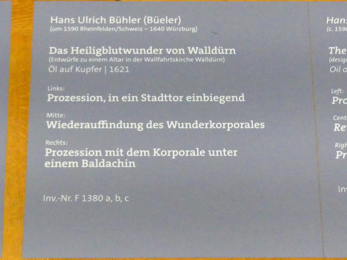 Hans Ulrich Bühler (1621), Das Heiligblutwunder von Walldürn, Walldürn, Wallfahrtskirche St. Georg, seit 1962 Basilica minor, jetzt Würzburg, Martin von Wagner-Museum, Saal 5, 1621, Bild 2/3
