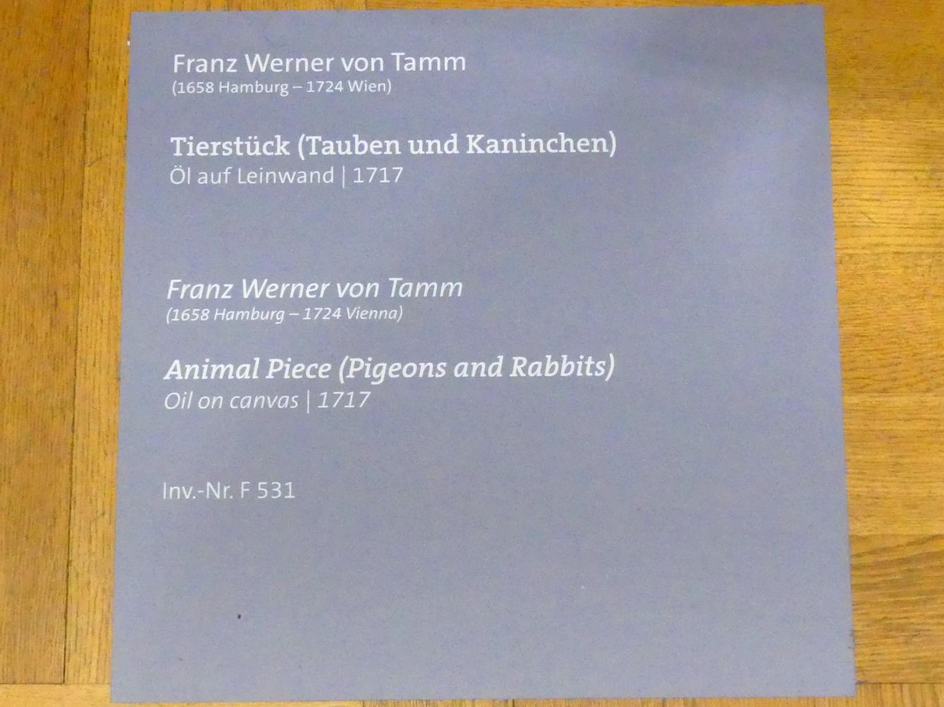 Franz Werner Tamm (1691–1717), Tierstück (Tauben und Kaninchen), Würzburg, Martin von Wagner-Museum, Saal 5, 1717, Bild 2/2