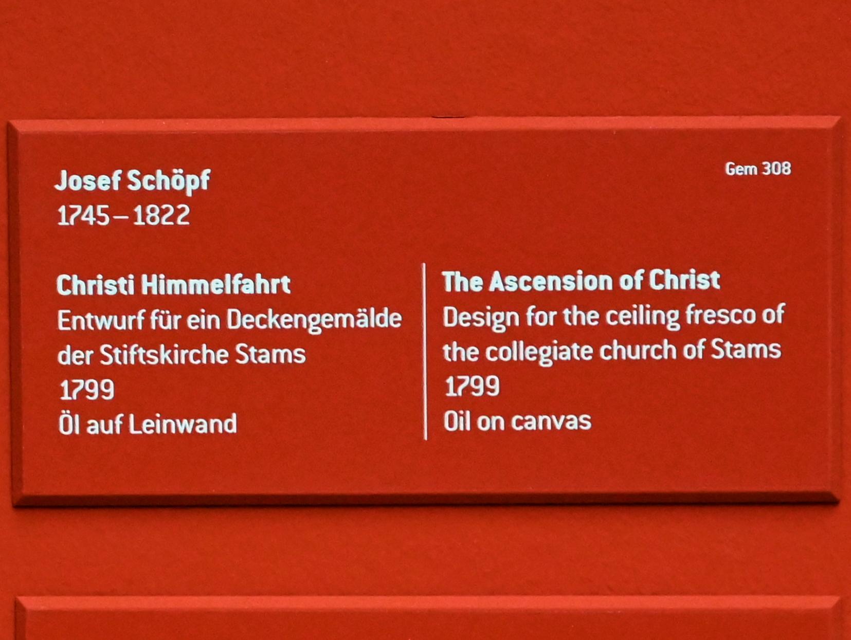 Joseph Schöpf (1775–1800), Christi Himmelfahrt, Stams, Stift Stams, jetzt Innsbruck, Tiroler Landesmuseum, Ferdinandeum, Saal 3, 1799, Bild 2/2