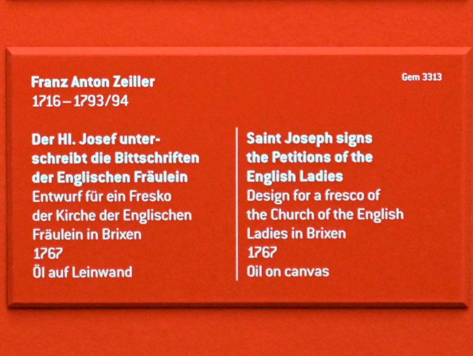 Franz Anton Zeiller (1735–1767), Der Hl. Josef unterschreibt die Bittschriften der Englischen Fräulein, Brixen, Kirche St. Josef der Congregatio Jesu, jetzt Innsbruck, Tiroler Landesmuseum, Ferdinandeum, Saal 3, 1767, Bild 2/2