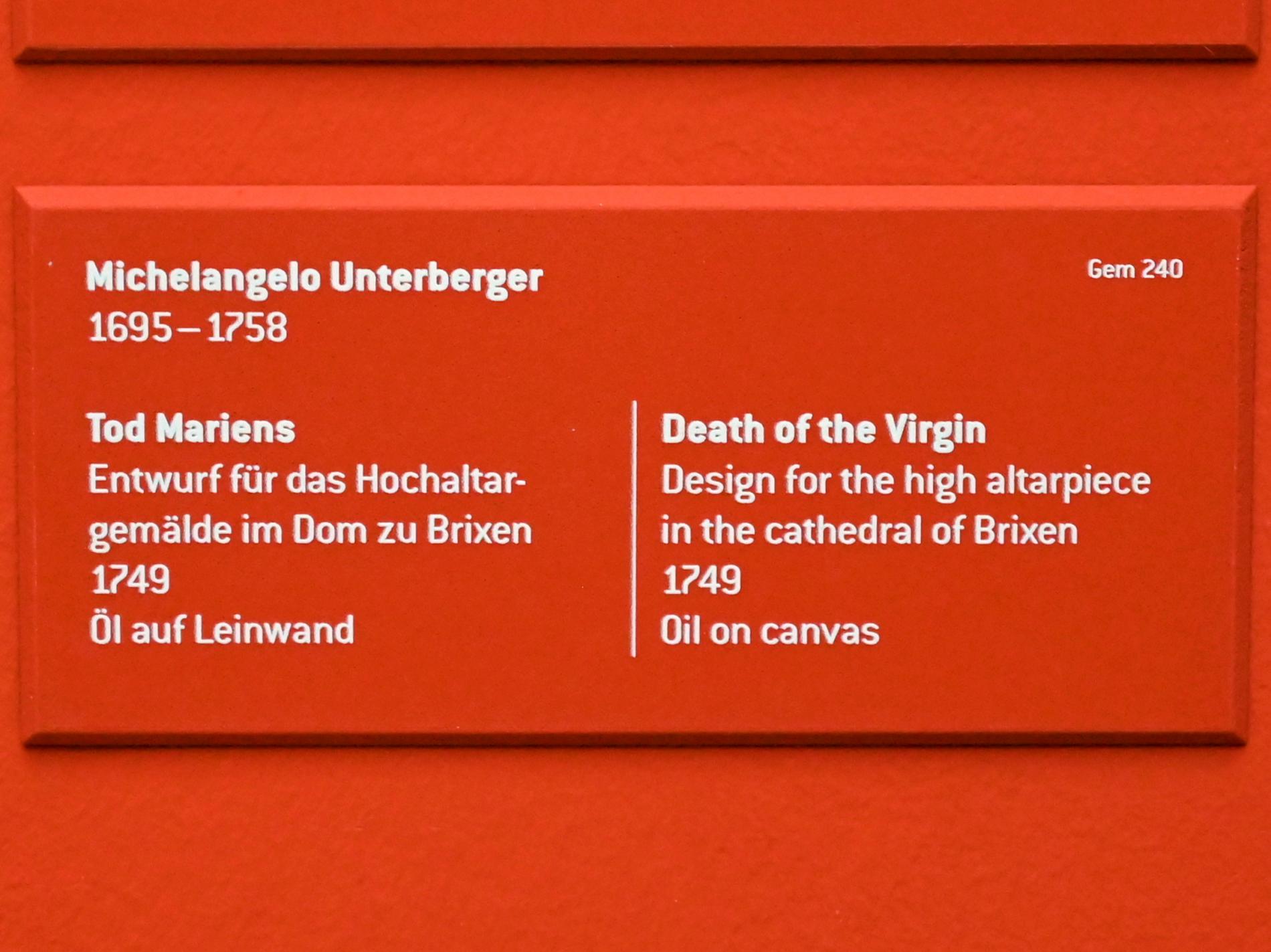 Michelangelo Unterberger (1735–1751), Tod Mariens, Brixen, Dom Mariae Aufnahme in den Himmel und St. Kassian, jetzt Innsbruck, Tiroler Landesmuseum, Ferdinandeum, Saal 3, 1749, Bild 2/2