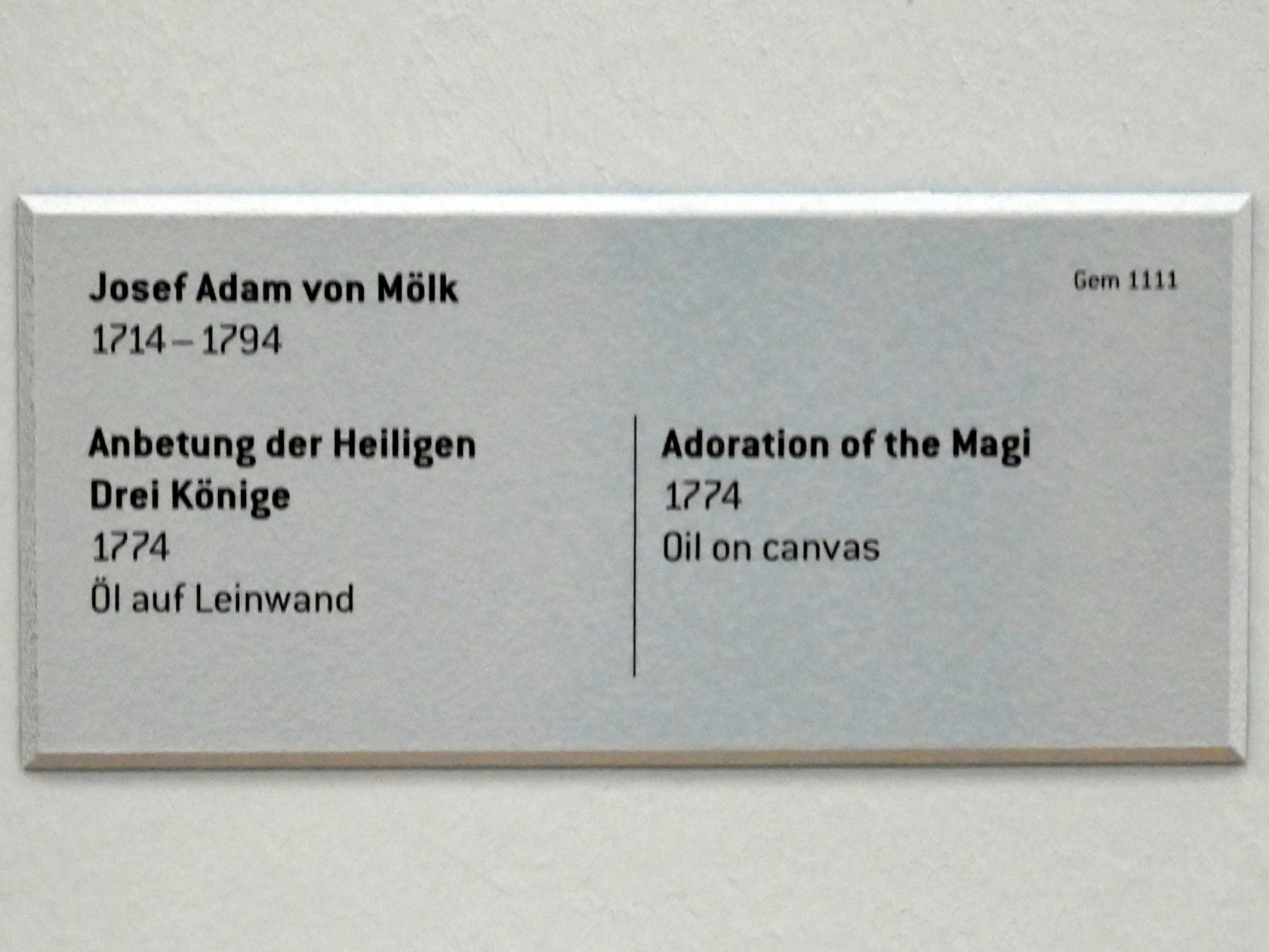 Joseph Adam von Mölk (1742–1774), Anbetung der Heiligen Drei Könige, Innsbruck, Tiroler Landesmuseum, Ferdinandeum, Saal 5, 1774, Bild 2/2