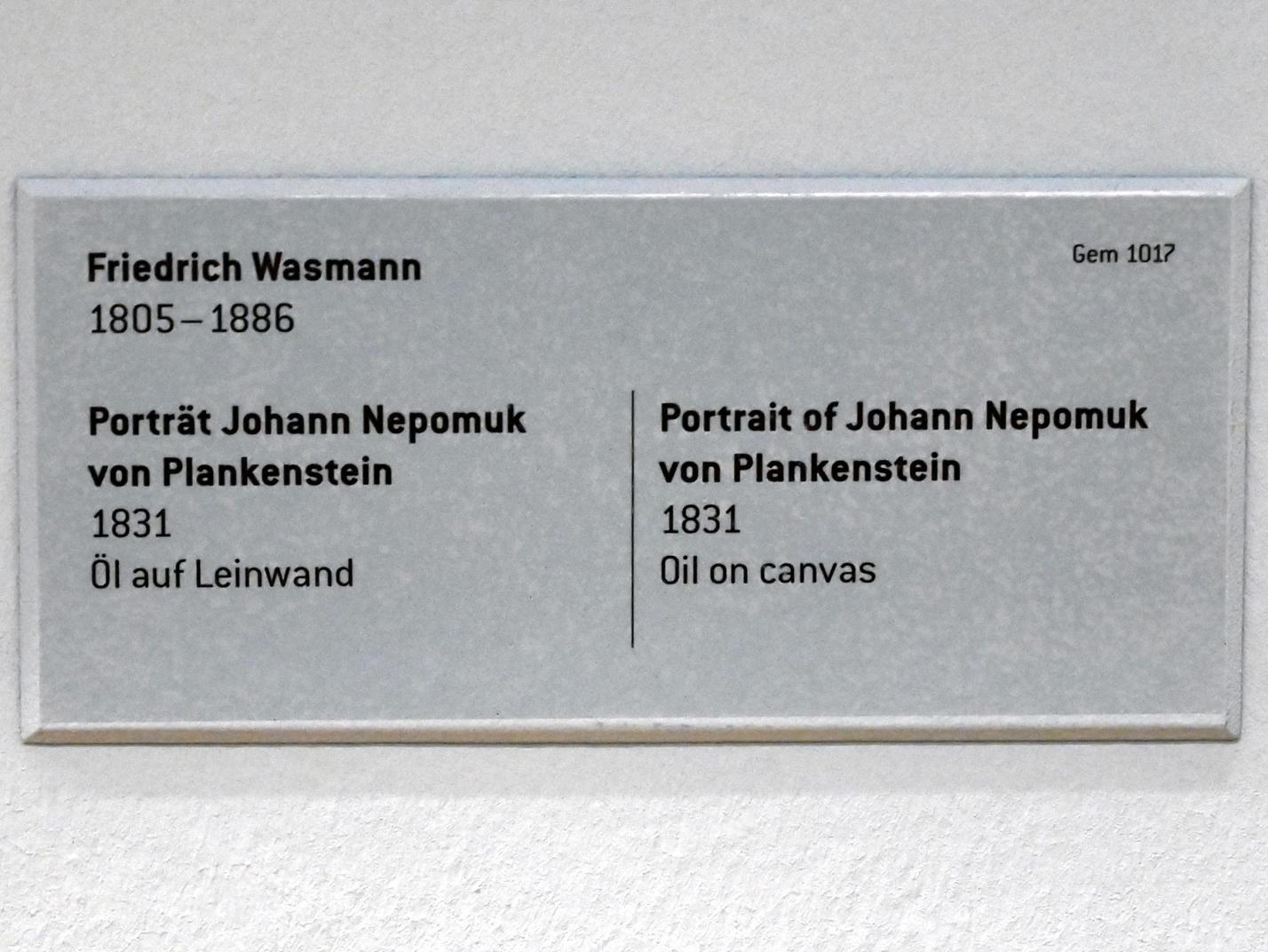 Friedrich Wasmann (1831–1850), Porträt Johann Nepomuk von Plankenstein, Innsbruck, Tiroler Landesmuseum, Ferdinandeum, Saal 6, 1831, Bild 2/2