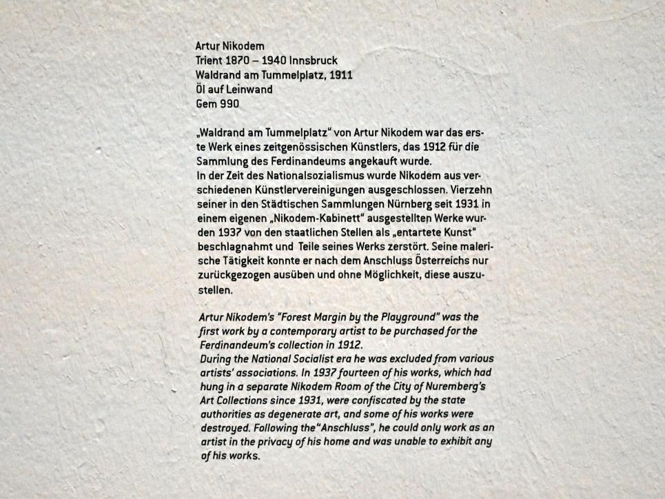 Artur Nikodem (1911), Waldrand am Tummelplatz, Innsbruck, Tiroler Landesmuseum, Ferdinandeum, Saal 8, 1911, Bild 2/2