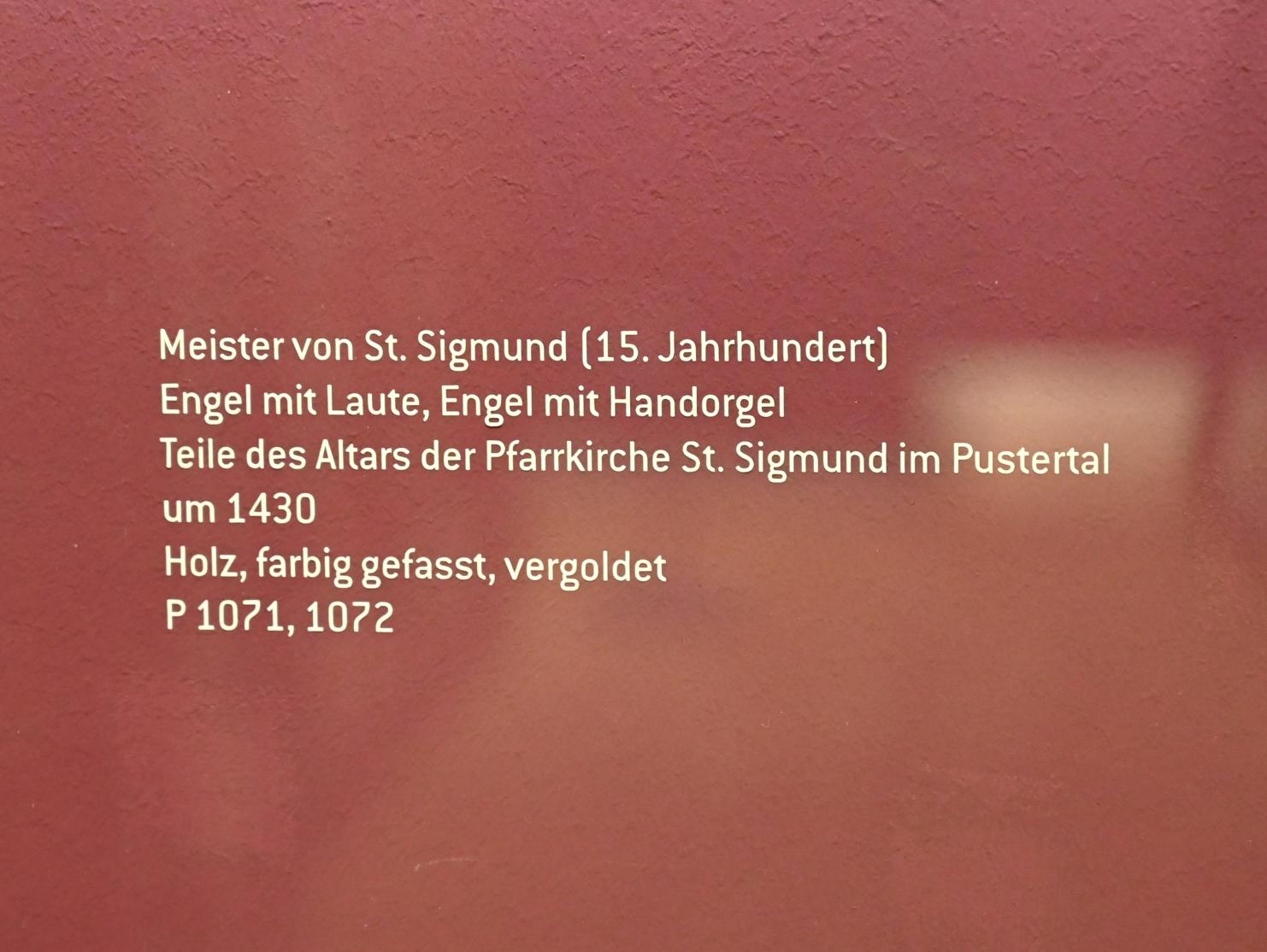 Meister von St. Sigmund (1430), Engel mit Laute, St. Sigmund (Kiens), Pfarrkirche St. Sigmund, jetzt Innsbruck, Tiroler Landesmuseum, Ferdinandeum, Mittelalter 2, um 1430, Bild 2/2