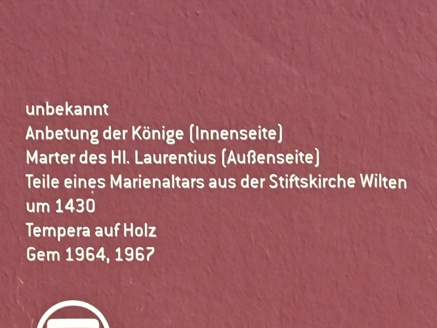 Marter des Hl. Laurentius, Wilten (Innsbruck), Prämonstratenserstift, jetzt Innsbruck, Tiroler Landesmuseum, Ferdinandeum, Mittelalter 2, um 1430, Bild 2/2