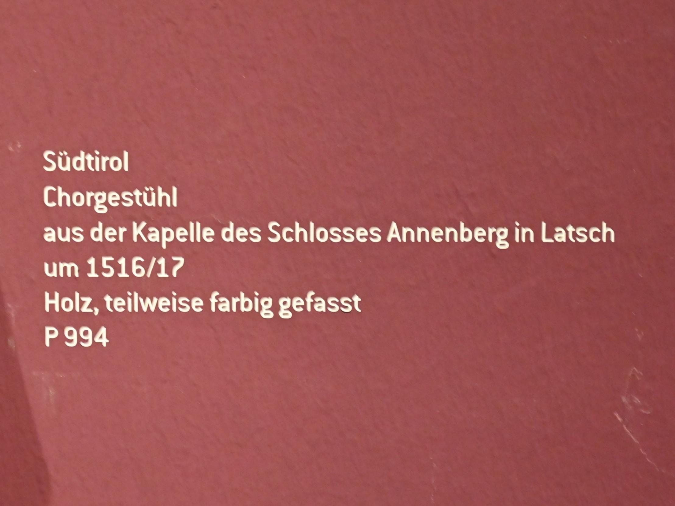 Chorgestühl, Latsch, Schloss Annenberg, jetzt Innsbruck, Tiroler Landesmuseum, Ferdinandeum, Mittelalter 2, um 1516–1517, Bild 3/3