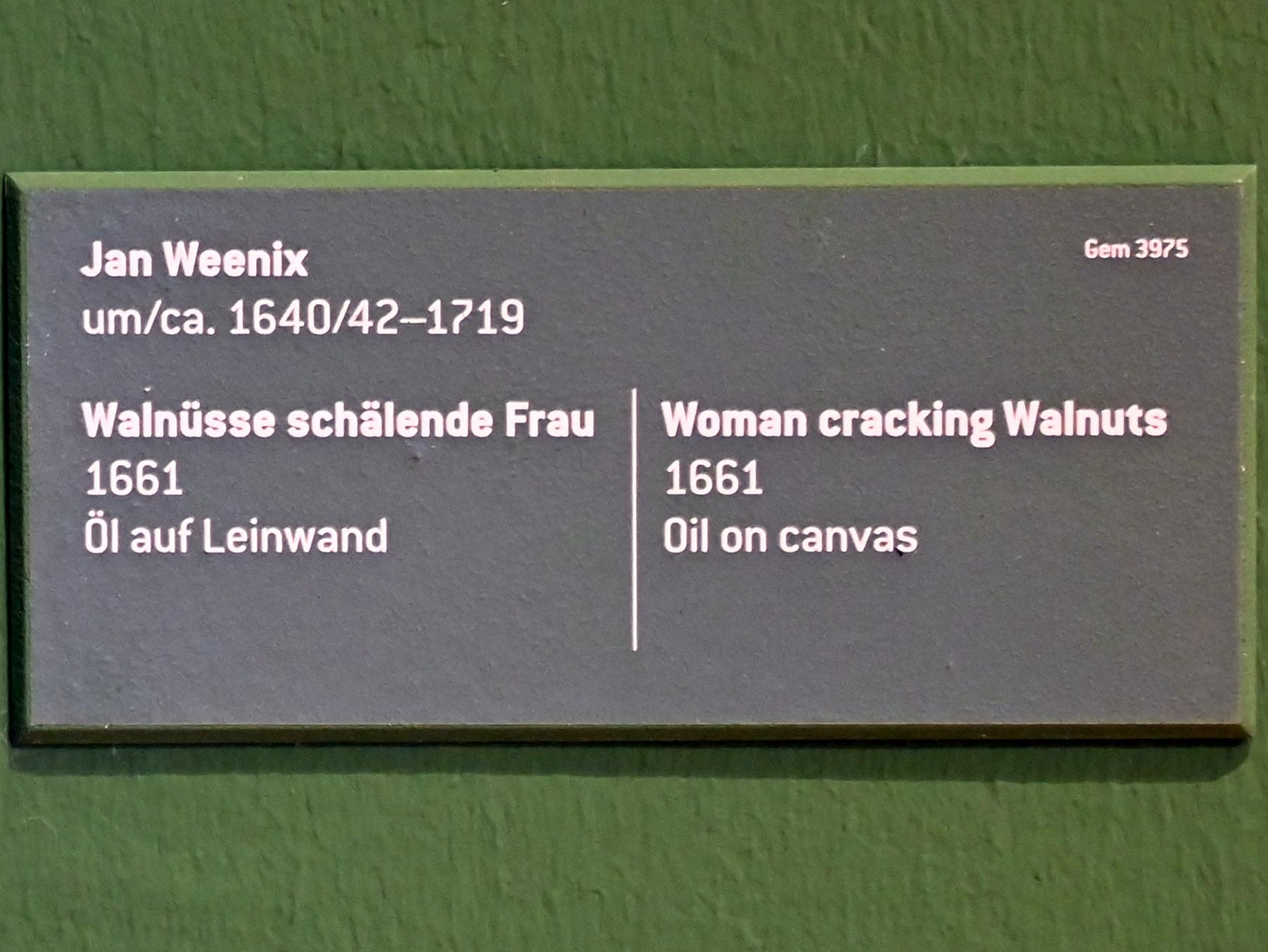 Jan Weenix (1661–1713), Walnüsse schälende Frau, Innsbruck, Tiroler Landesmuseum, Ferdinandeum, Saal 15, 1661, Bild 2/2