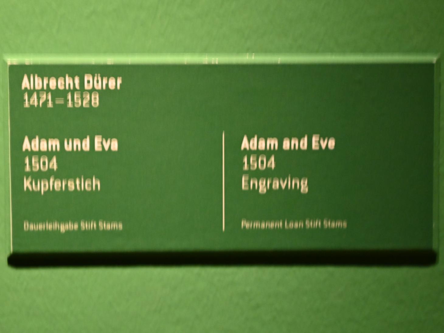 Albrecht Dürer (1490–1526), Adam und Eva, Innsbruck, Tiroler Landesmuseum, Ferdinandeum, Saal 16, 1504, Bild 2/2