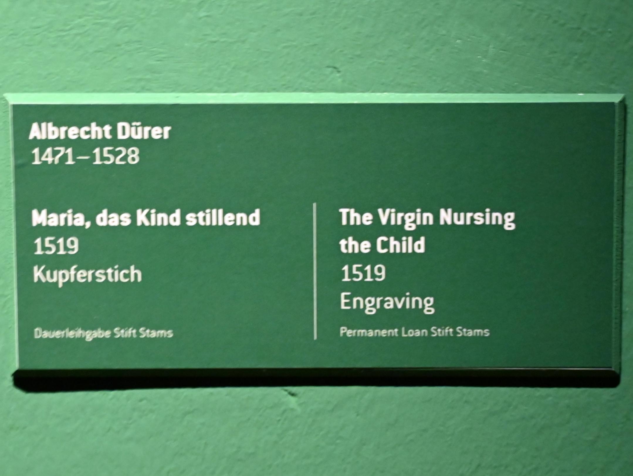 Albrecht Dürer (1490–1526), Maria, das Kind stillend, Innsbruck, Tiroler Landesmuseum, Ferdinandeum, Saal 16, 1519, Bild 2/2