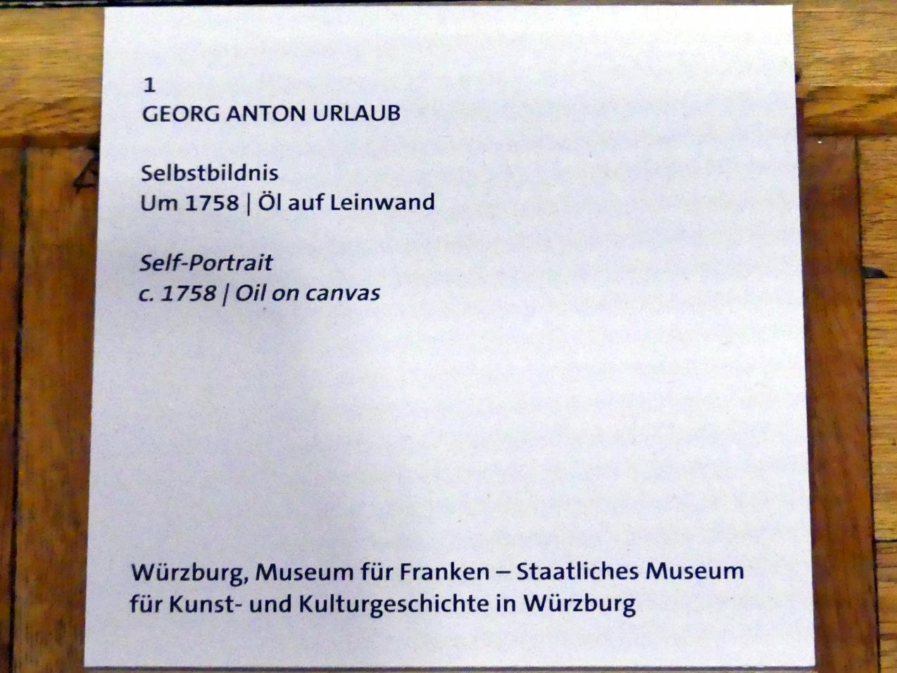 Georg Anton Urlaub (1735–1758), Selbstbildnis, Würzburg, Martin von Wagner Museum, Ausstellung "Tiepolo und seine Zeit in Würzburg" vom 31.10.2020-15.07.2021, Saal 1, um 1758, Bild 2/2