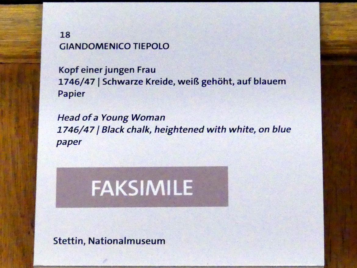 Giovanni Domenico Tiepolo (1743–1785), Kopf einer jungen Frau (Faksimile), Würzburg, Martin von Wagner Museum, Ausstellung "Tiepolo und seine Zeit in Würzburg" vom 31.10.2020-15.07.2021, Saal 1, 1746–1747, Bild 3/3