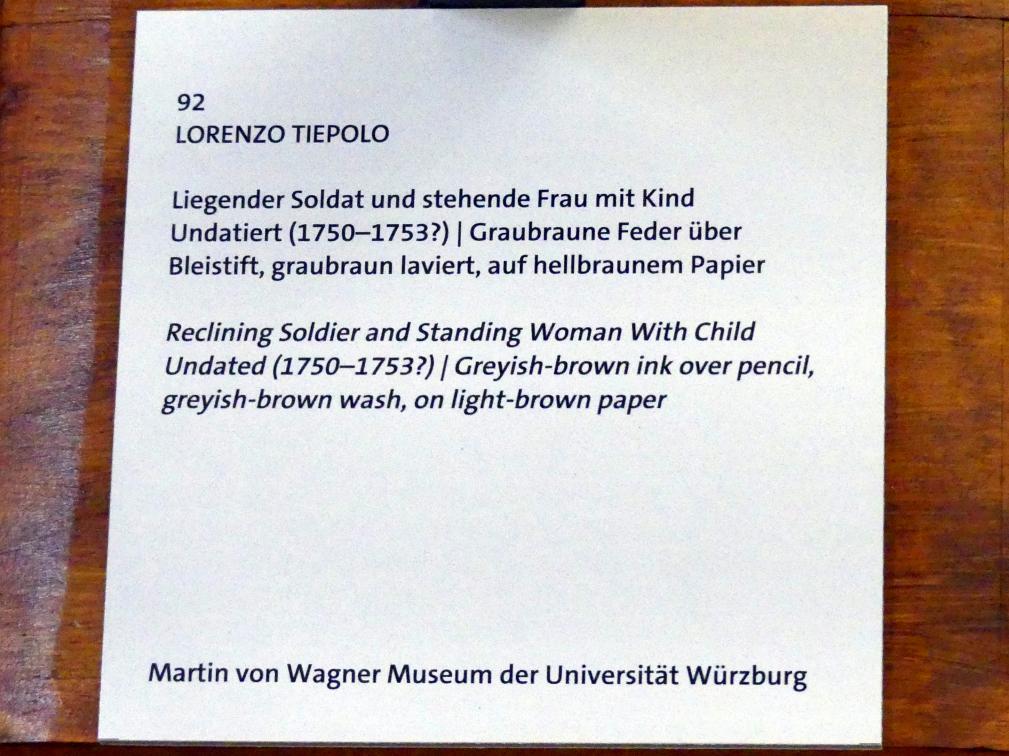 Lorenzo Baldissera Tiepolo (1752–1757), Liegender Soldat und stehende Frau mit Kind, Würzburg, Martin von Wagner Museum, Ausstellung "Tiepolo und seine Zeit in Würzburg" vom 31.10.2020-15.07.2021, Saal 1, Undatiert, Bild 3/3