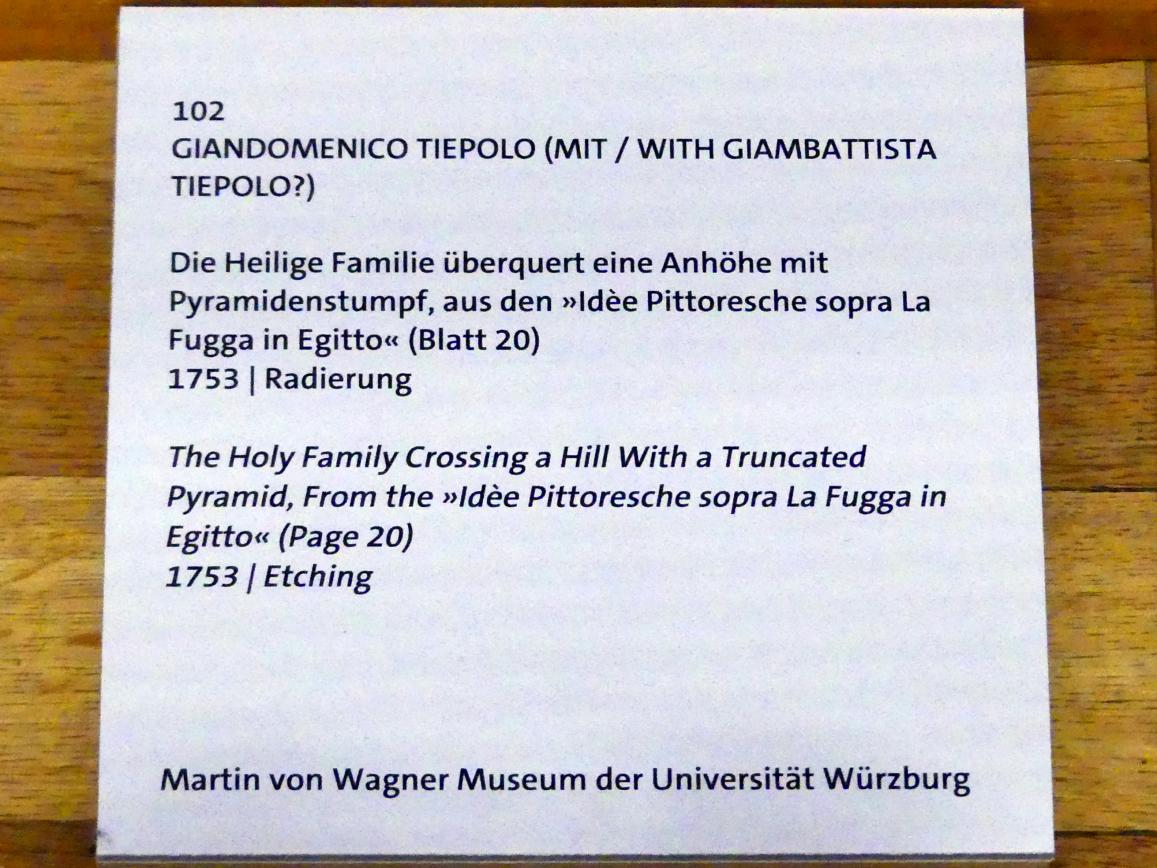 Giovanni Domenico Tiepolo (1743–1785), Die Heilige Familie überquert eine Anhöhe mit Pyramidenstumpf, Würzburg, Martin von Wagner Museum, Ausstellung "Tiepolo und seine Zeit in Würzburg" vom 31.10.2020-15.07.2021, Saal 1, 1753, Bild 3/3
