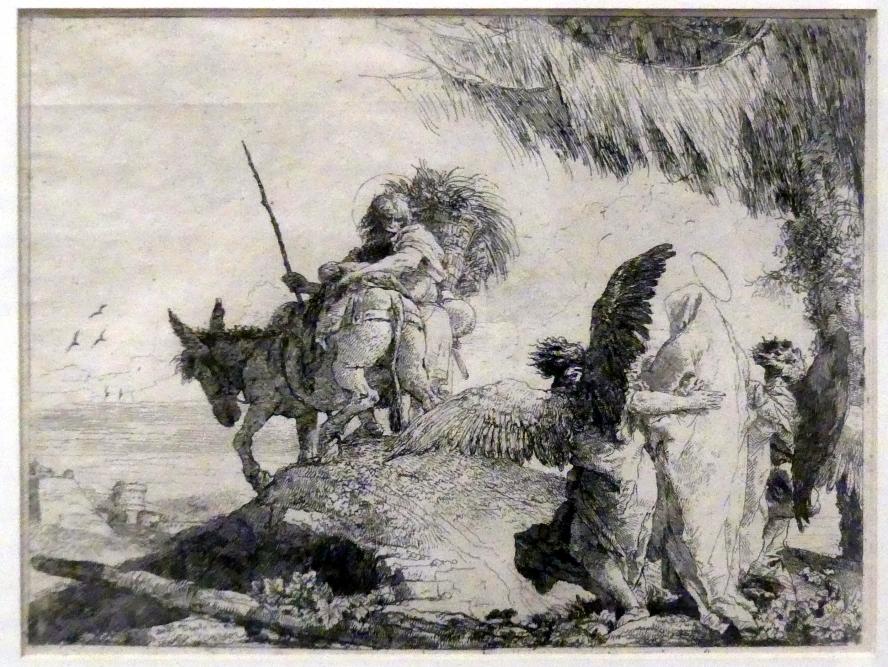 Giovanni Domenico Tiepolo (1743–1765): Josef führt den Esel über eine Anhöhe, Engel geleiten Maria und Kind, 1753