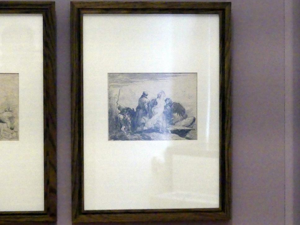 Giovanni Domenico Tiepolo (1743–1785), Die Heilige Familie besteigt einen Kahn, assistiert von einem Engel, Würzburg, Martin von Wagner Museum, Ausstellung "Tiepolo und seine Zeit in Würzburg" vom 31.10.2020-15.07.2021, Saal 1, 1753, Bild 2/3