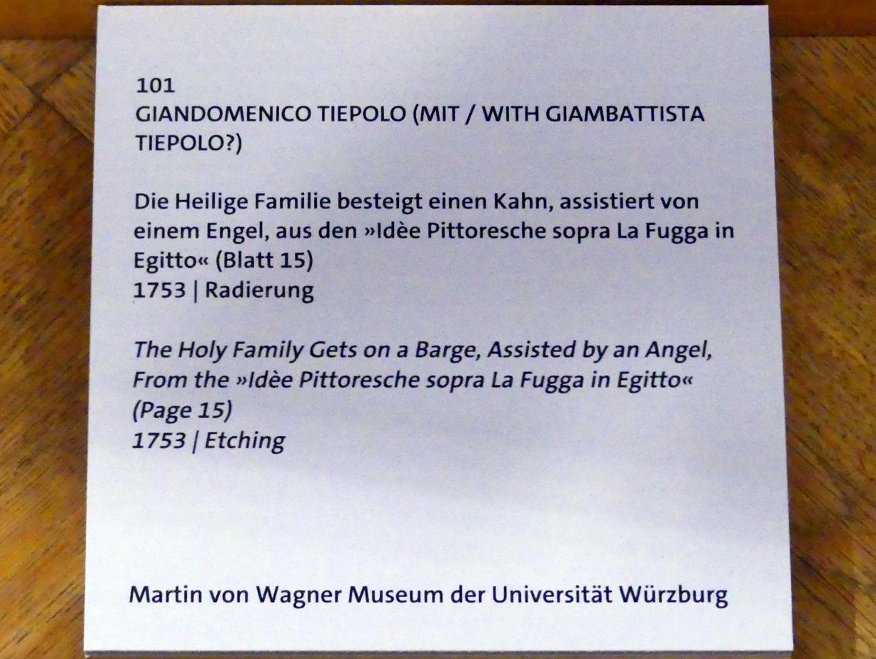 Giovanni Domenico Tiepolo (1743–1785), Die Heilige Familie besteigt einen Kahn, assistiert von einem Engel, Würzburg, Martin von Wagner Museum, Ausstellung "Tiepolo und seine Zeit in Würzburg" vom 31.10.2020-15.07.2021, Saal 1, 1753, Bild 3/3