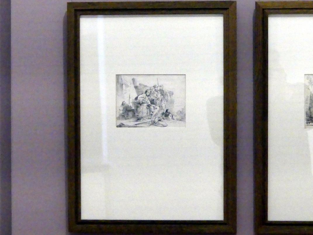 Giovanni Battista Tiepolo (1715–1785), An einer Vase sitzender Junge und Gruppe aus einer stehenden Frau und Orientalen vor Ruinen, Würzburg, Martin von Wagner Museum, Ausstellung "Tiepolo und seine Zeit in Würzburg" vom 31.10.2020-15.07.2021, Saal 1, vor 1742, Bild 2/3