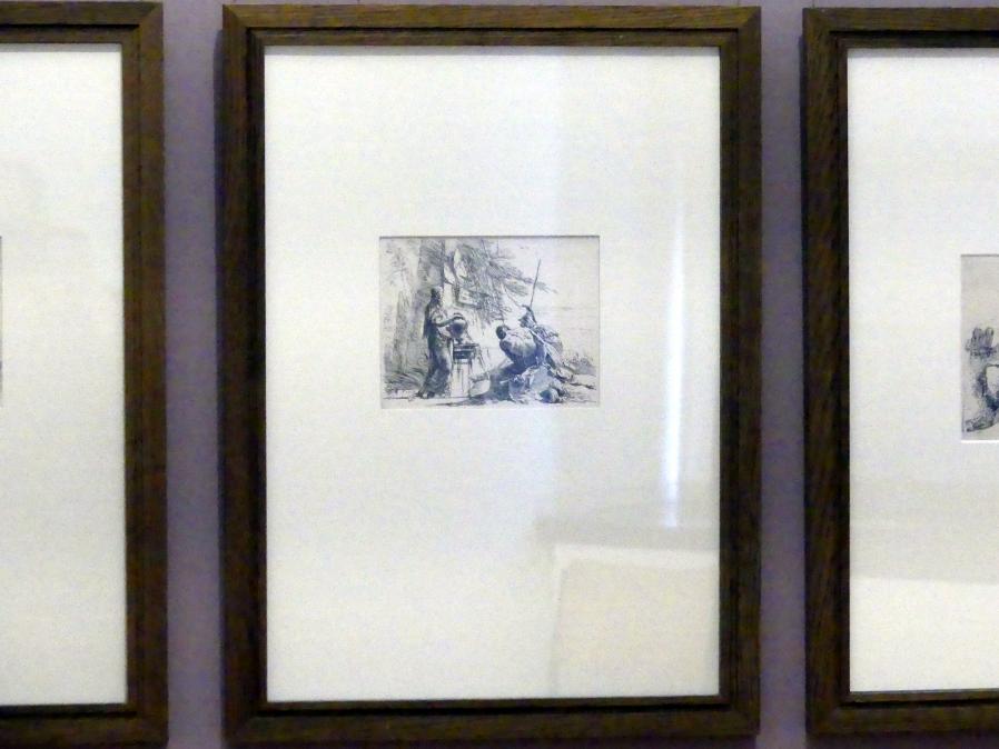 Giovanni Battista Tiepolo (1715–1785), Stehende Frau mit Vase, Mann und Soldat vor Obelisk, Würzburg, Martin von Wagner Museum, Ausstellung "Tiepolo und seine Zeit in Würzburg" vom 31.10.2020-15.07.2021, Saal 1, vor 1742, Bild 2/3