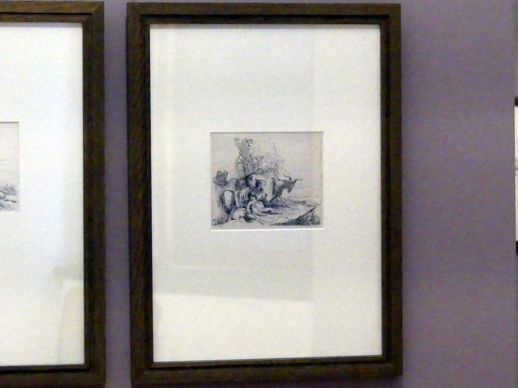 Giovanni Battista Tiepolo (1715–1785), Nymphe mit Satyrkind und Ziegenbock, Würzburg, Martin von Wagner Museum, Ausstellung "Tiepolo und seine Zeit in Würzburg" vom 31.10.2020-15.07.2021, Saal 1, vor 1742, Bild 2/3