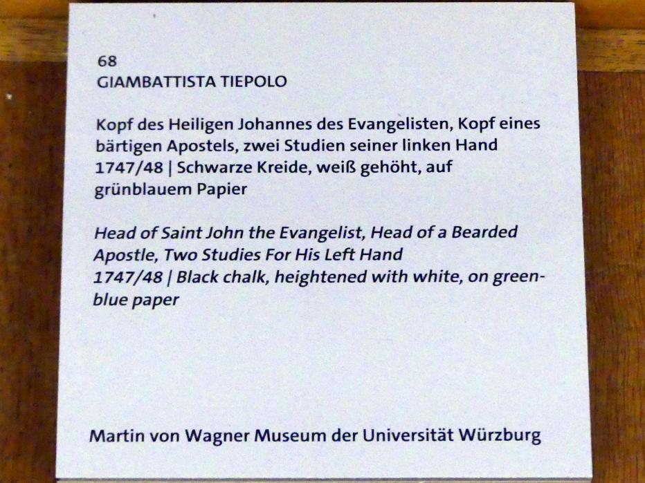 Giovanni Battista Tiepolo (1715–1785), Kopf des Heiligen Johannes des Evangelisten, Kopf eines bärtigen Apostels, zwei Studien seiner linken Hand, Würzburg, Martin von Wagner Museum, Ausstellung "Tiepolo und seine Zeit in Würzburg" vom 31.10.2020-15.07.2021, Saal 1, 1747–1748, Bild 3/3