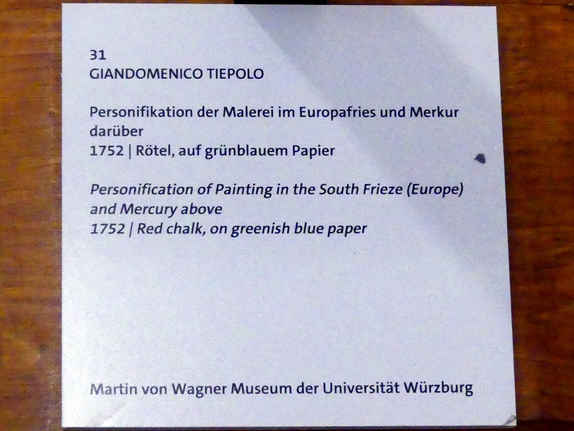 Giovanni Domenico Tiepolo (1743–1785), Personifikation der Malerei im Europafries und Merkur darüber, Würzburg, Martin von Wagner Museum, Ausstellung "Tiepolo und seine Zeit in Würzburg" vom 31.10.2020-15.07.2021, Saal 2, 1752, Bild 3/3