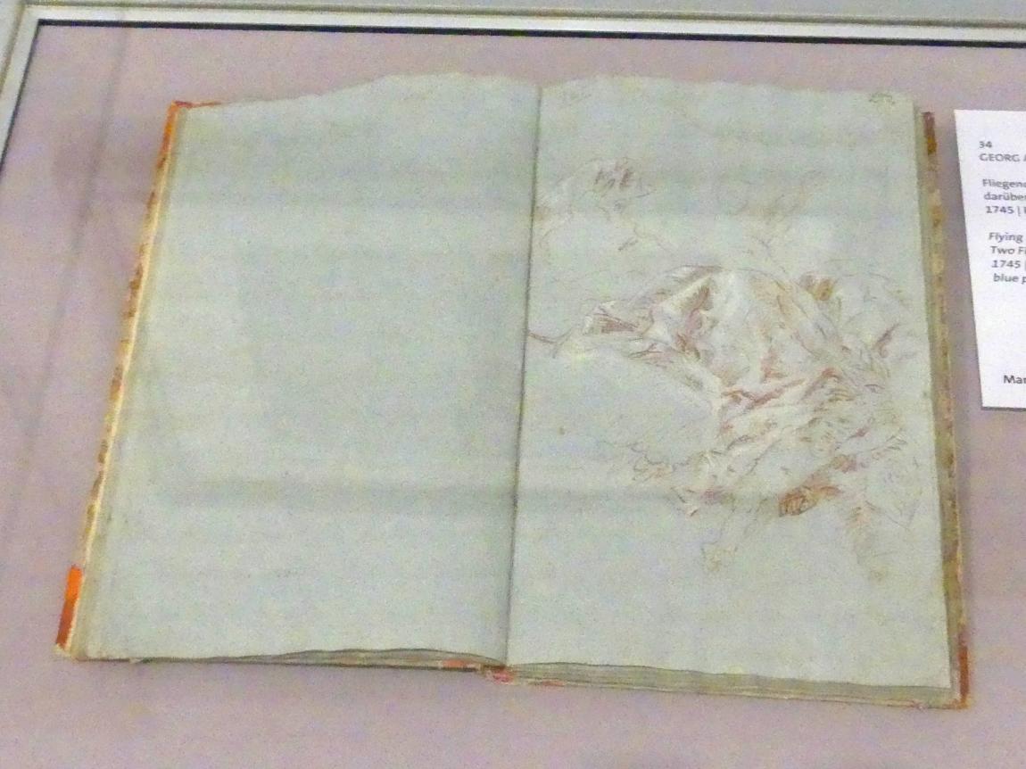 Georg Anton Urlaub (1735–1758), Fliegender, eine Draperie von unten stützender Putto, darüber zwei Figuren, Würzburg, Martin von Wagner Museum, Ausstellung "Tiepolo und seine Zeit in Würzburg" vom 31.10.2020-15.07.2021, Saal 2, 1745