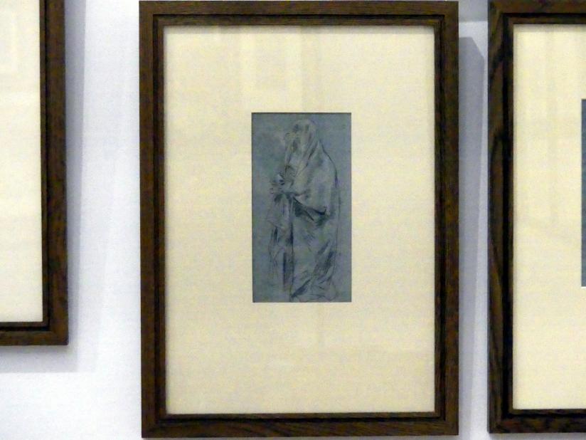 Giovanni Domenico Tiepolo (1743–1785), Die Muttergottes, in einen Umhang gehüllt, in Dreiviertelansicht nach links, Würzburg, Martin von Wagner Museum, Ausstellung "Tiepolo und seine Zeit in Würzburg" vom 31.10.2020-15.07.2021, Saal 2, 1747, Bild 2/3