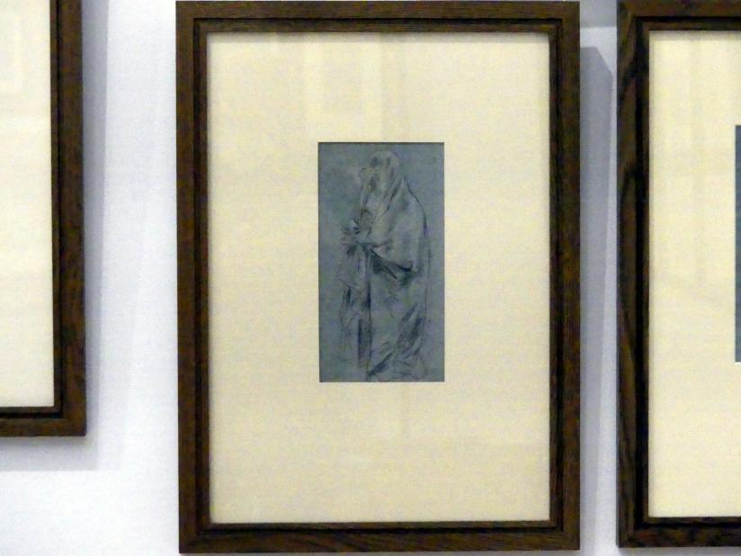 Giovanni Domenico Tiepolo (1743–1785), Die Muttergottes, in einen Umhang gehüllt, in Dreiviertelansicht nach links, Würzburg, Martin von Wagner Museum, Ausstellung "Tiepolo und seine Zeit in Würzburg" vom 31.10.2020-15.07.2021, Saal 2, 1747, Bild 2/3